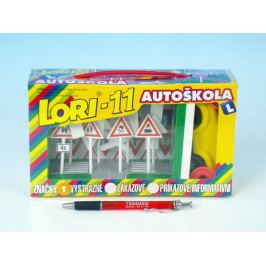 Stavebnice LORI 11 Autoškola Dopravní značky 16ks+2 kužely+auto plast v krabici 22x13x6cm